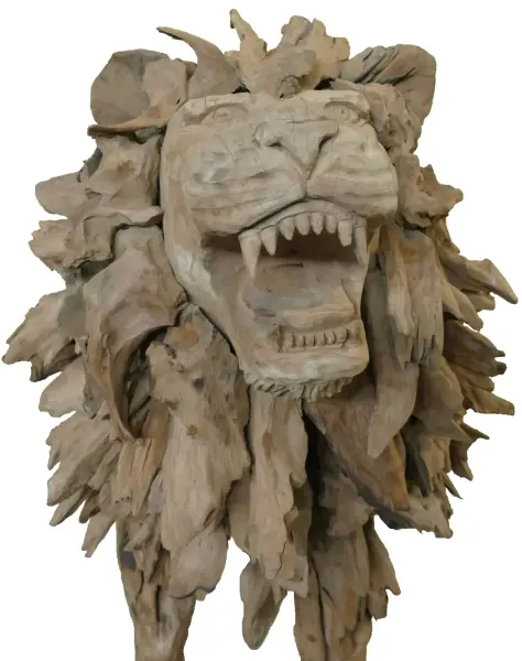 Product image of the product “Standing royal Lion made from teak root pieces. About 200cm length and 115cm height. ”
